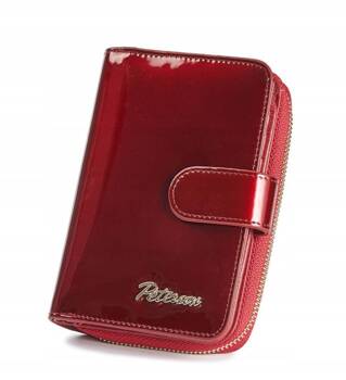 Skórzany portfel damski na suwak i zatrzask czerwony - Peterson BC-602