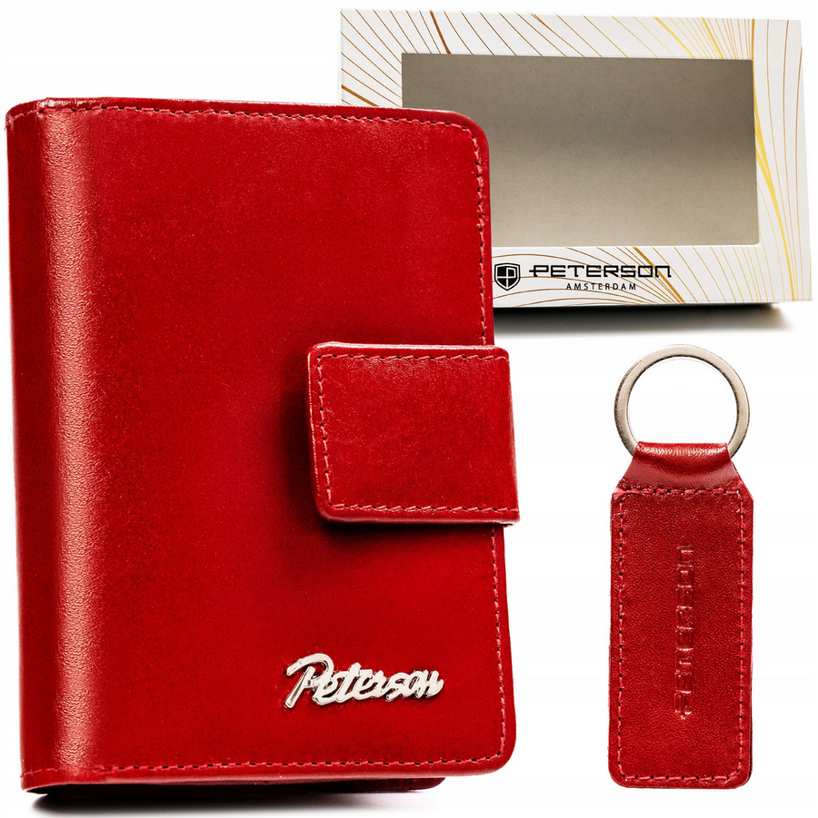 Czerwony pionowy portfel damski Peterson SET-D-65-KCS z brelokiem