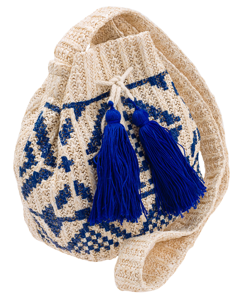 Beżowo-niebieska torebka worek 4U Cavaldi BAG-LB-06 z niebieskimi frędzlami