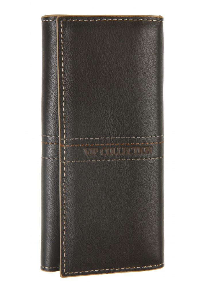 Ciemnobrązowe etui na klucze Vip Collection Napoli 02 w pionie, z kontrastowymi przeszyciami i tłoczonym logo