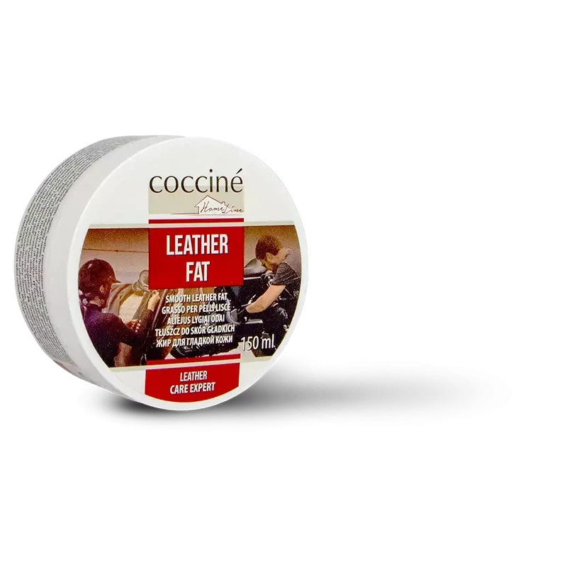 Tłuszcz do skór gładkich Coccine bezbarwny - zamknięty słoik z etykietą Leather Fat, Leather Care Expert