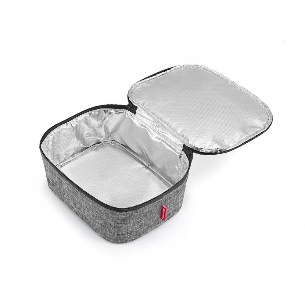 Szara torba termiczna Reisenthel coolerbag M pocket otwarta, ze srebrną wyściółką w środku i w pokrywie