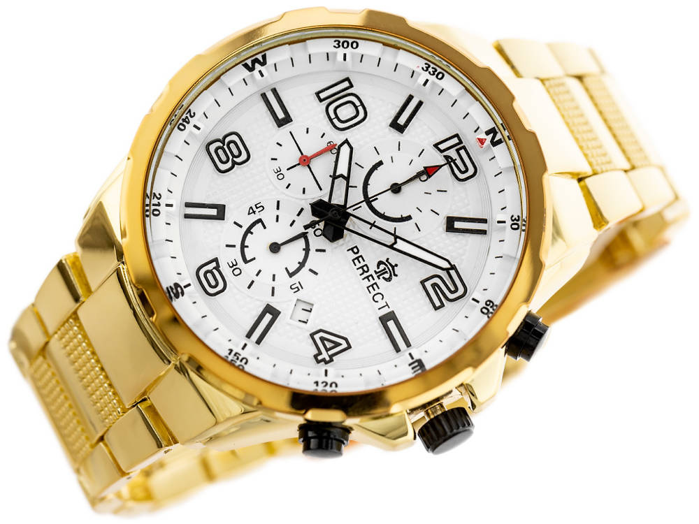 Złoty zegarek męski Perfect CH05M-04 - zegarek pod kątem z przyciskami chronografu