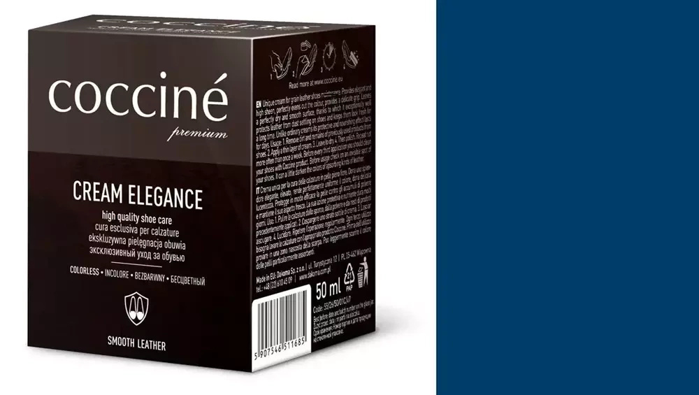 Krem do skóry gładkiej Coccine niebieski - kartonik Coccine Cream Elegance 50 ml i próbnik koloru w odcieniu niebieskim