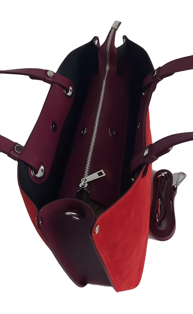 Torebka damska ze skóry zamszowej Vera Pelle VOM33R shopper bag A4 czerwona - widok z boku