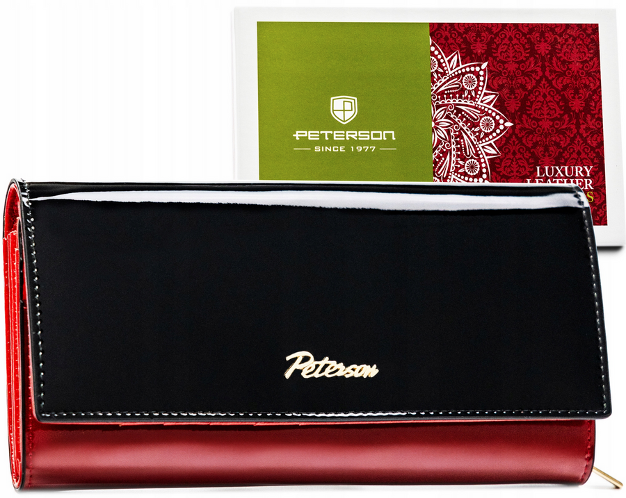 Czarno-czerwony poziomy skórzany portfel damski Peterson 1N-409