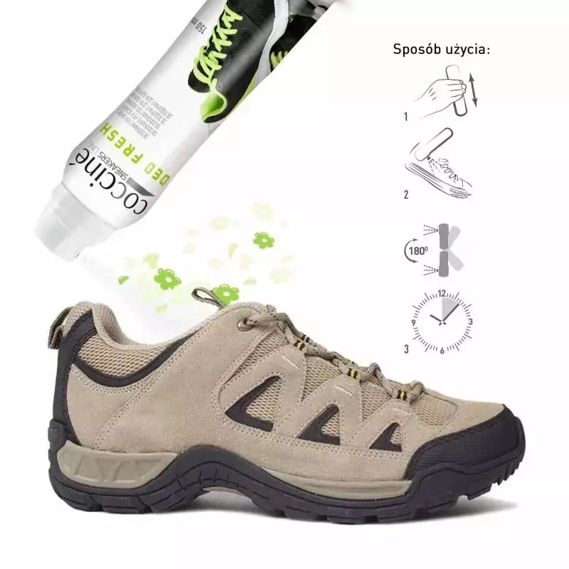 Dezodorant do obuwia sportowego Coccine - opakowanie rozpylające do buta trekkingowego, obok schemat sposobu użycia