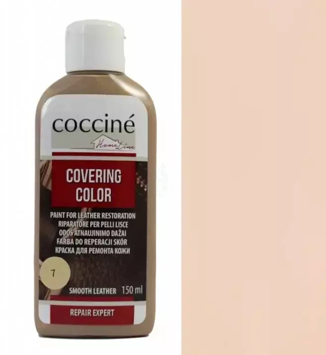 Farba do renowacji do skór gładkich Coccine beżowa - butelka Covering Color 150 ml w kolorze beżowym nr 7 i próbnik koloru