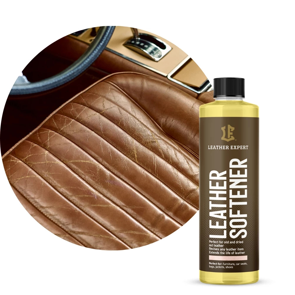 Softener do skóry Leather Expert - butelka obok zbliżenia brązowego skórzanego fotela samochodowego