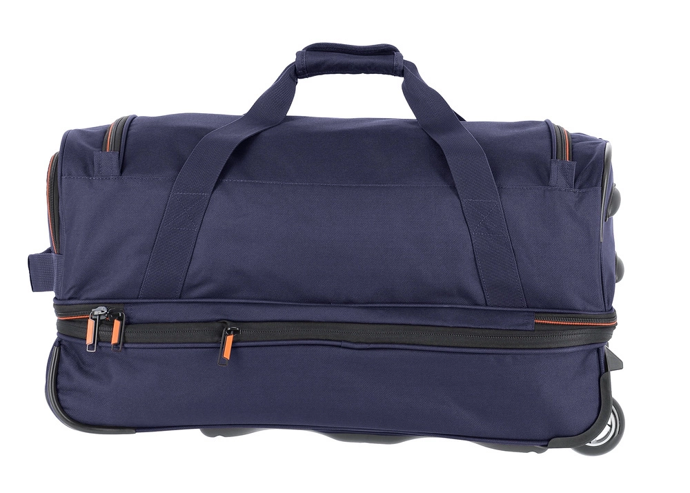 Granatowa torba Travelite Basics od tyłu, z dwiema rączkami i zamkiem błyskawicznym dolnej części
