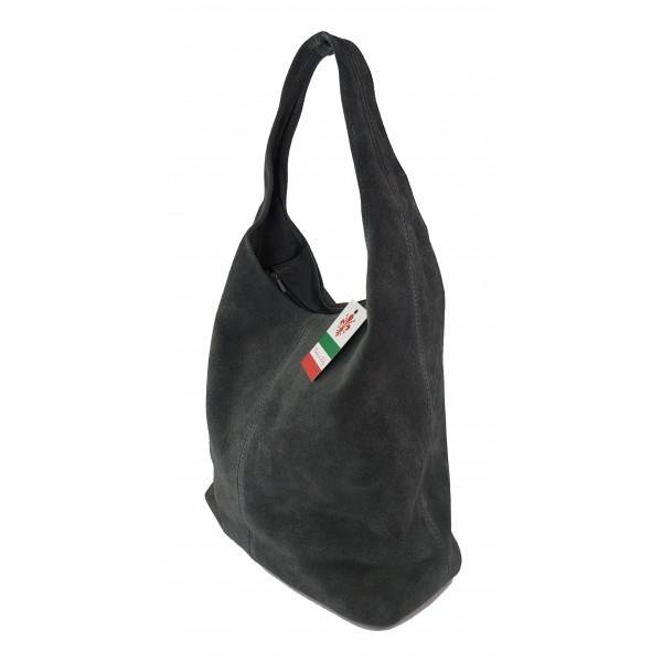 Torebka skórzana zamszowa damska MADE IN ITALY W356G shopper bag A4 szara - detal uchwytów