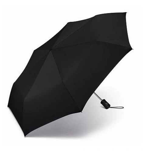 Czarny parasol Happy Rain Essentials rozłożony, z krótką rączką i pętlą na nadgarstek
