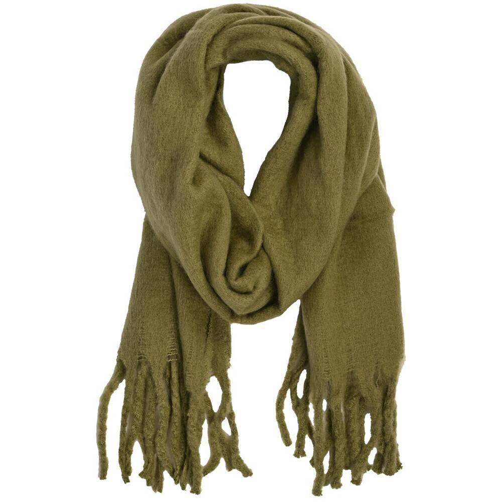Szalik damski Versoli SZAL-1 khaki, zwinięty w pętlę, grube frędzle