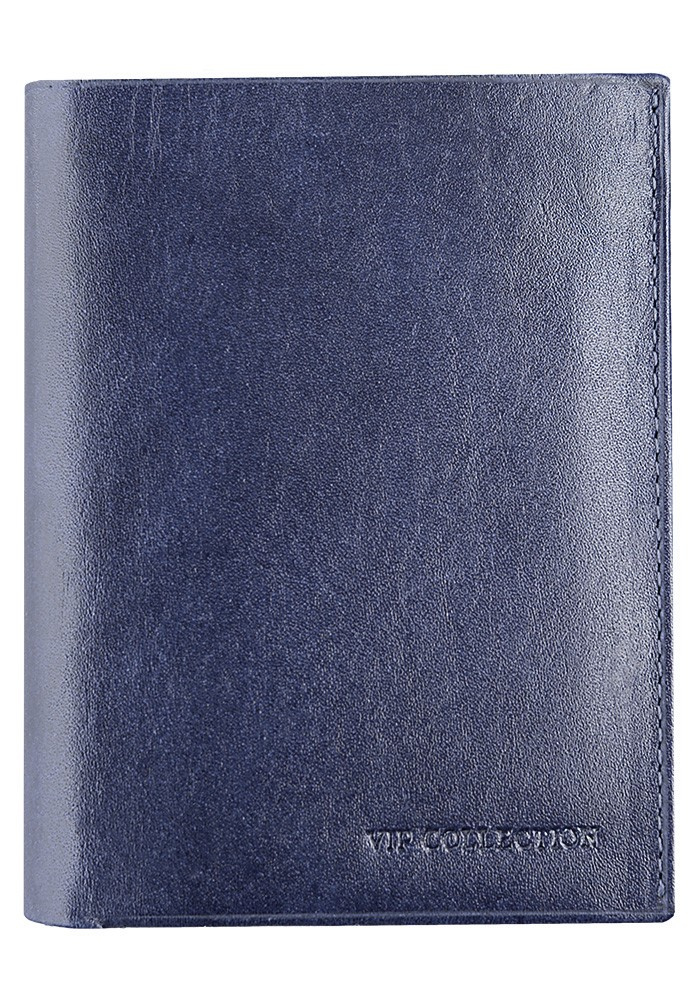 Granatowy portfel męski Vip Collection Milano II 90 w pionowym formacie, z tłoczonym logo marki