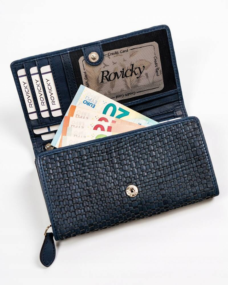 Otwarty granatowy portfel Rovicky R-614-DDW z kartami i banknotami
