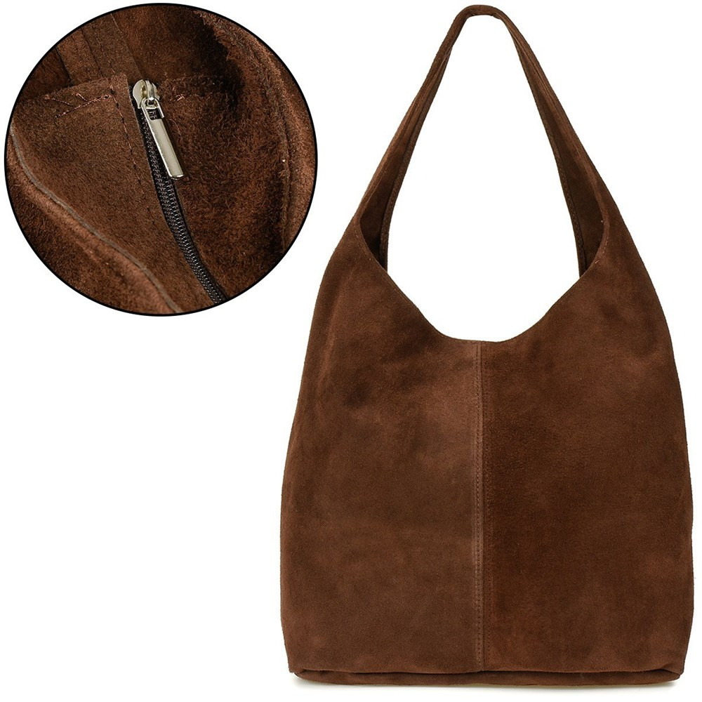 Ciemnobrązowa torebka damska Vera Pelle U35, worek z przodu, zbliżenie na zamek
