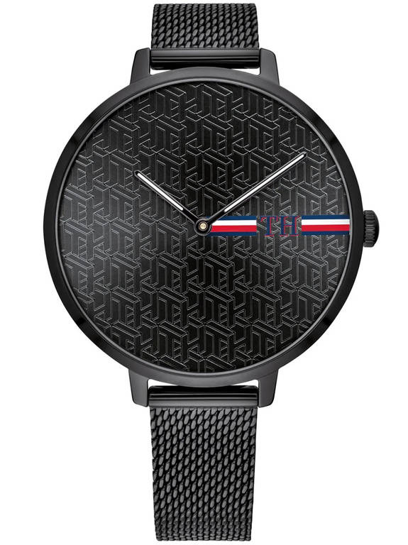 Czarny zegarek damski Tommy Hilfiger 1782160 - zegarek z przodu na białym tle, czarna tarcza z wzorem