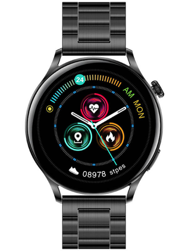 Czarny smartwatch damski Rubicon RNCE81 - z przodu na białym tle, czarna bransoleta ogniwowa