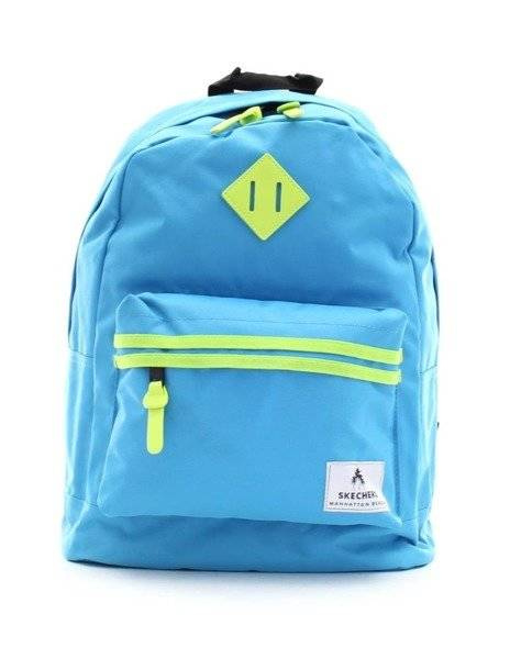 Niebieski plecak Skechers Neonsplash z przodu, z neonowymi paskami na kieszeni i naszywką w kształcie rombu