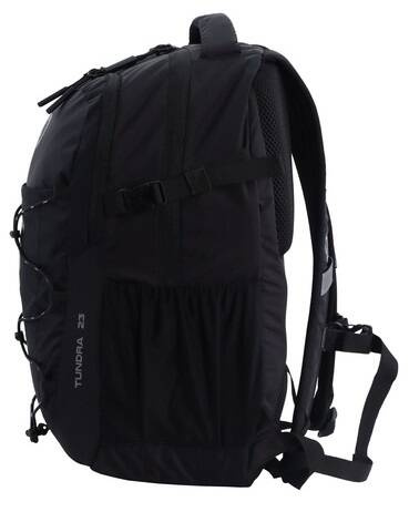 Czarny plecak Discovery Outdoor 612 z boku, z szelką, paskiem kompresyjnym i siatkową kieszenią