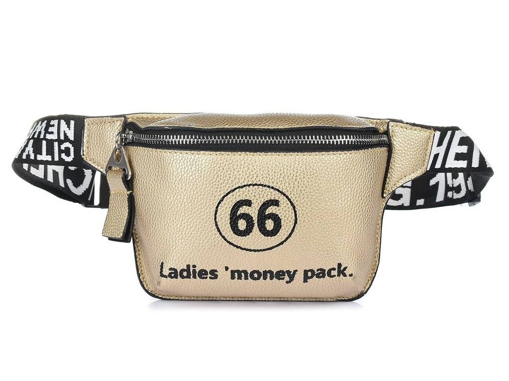 Złota nerka damska Krateczka X75, przód z nadrukiem Ladies money pack i taśmą z napisami
