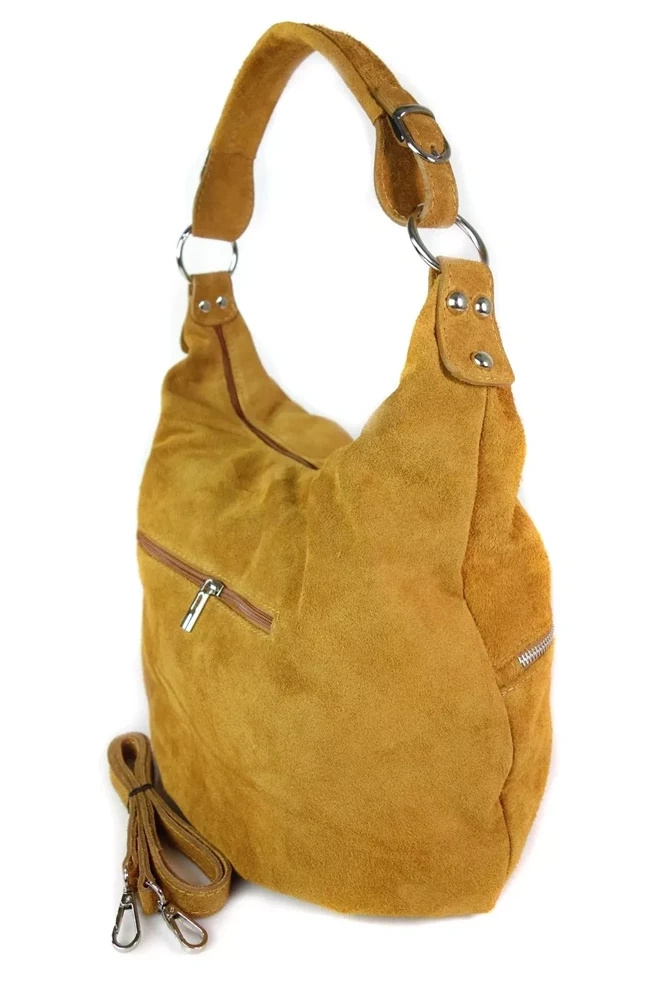 Torebka damska Vera Pelle W345C camel z uchwytem na srebrnych kółkach, kieszenią na zamek i dodatkowym paskiem