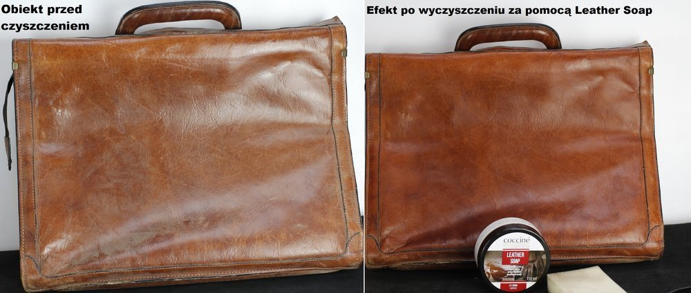 Mydło do skóry gładkiej Coccine - porównanie skórzanej teczki przed i po czyszczeniu, w kadrze puszka mydła