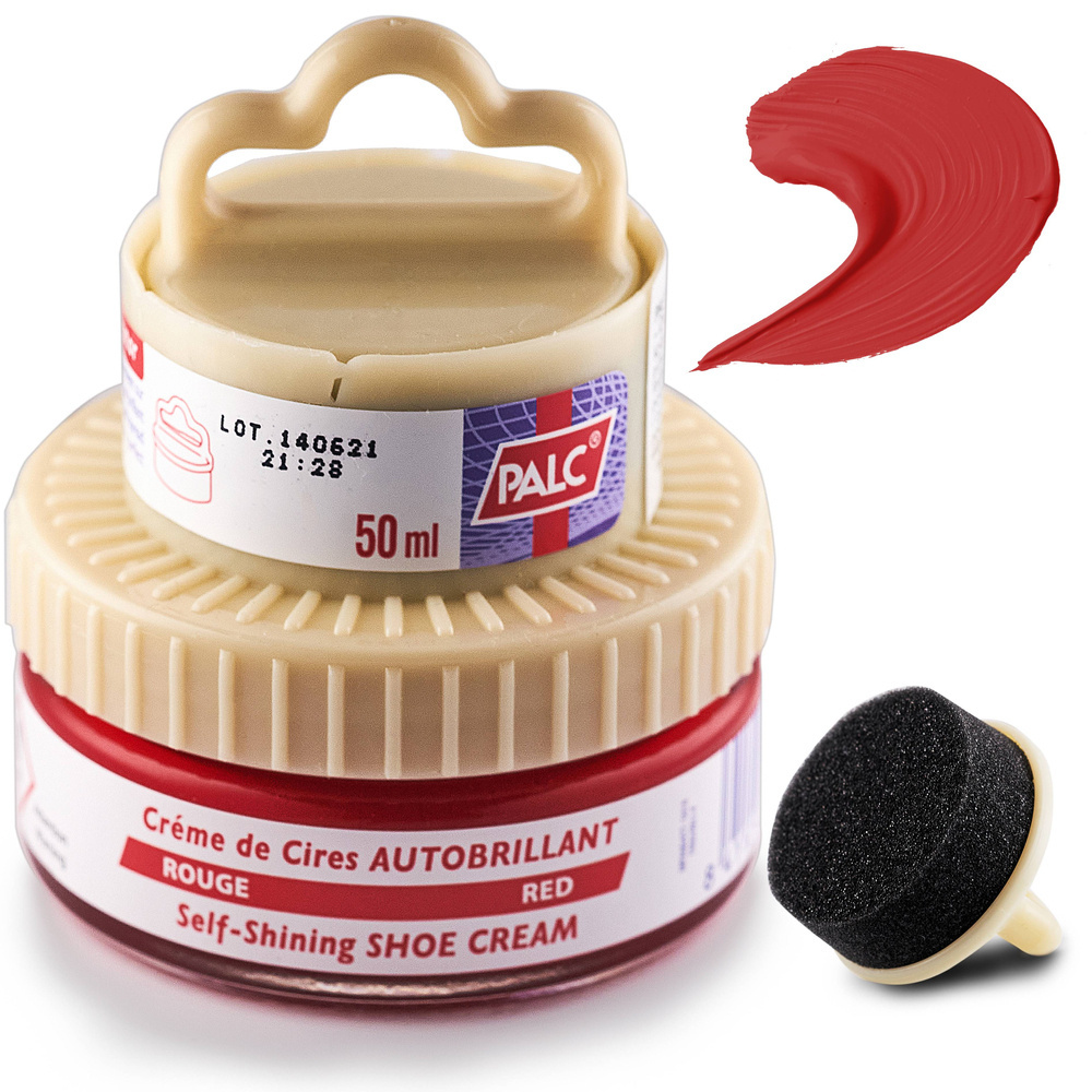 Krem z woskiem do skór gładkich Palc czerwony - opakowanie 50 ml, etykieta Rouge, Red, próbka czerwonego kremu i gąbka-aplikator