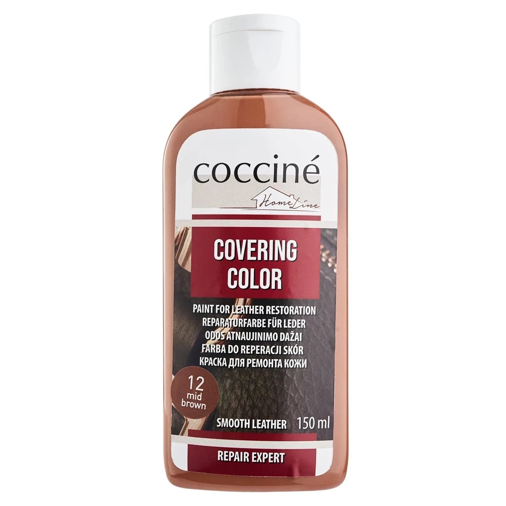 Farba do renowacji do skór gładkich Coccine średniobrązowa - butelka Covering Color 150 ml nr 12 mid brown, przód