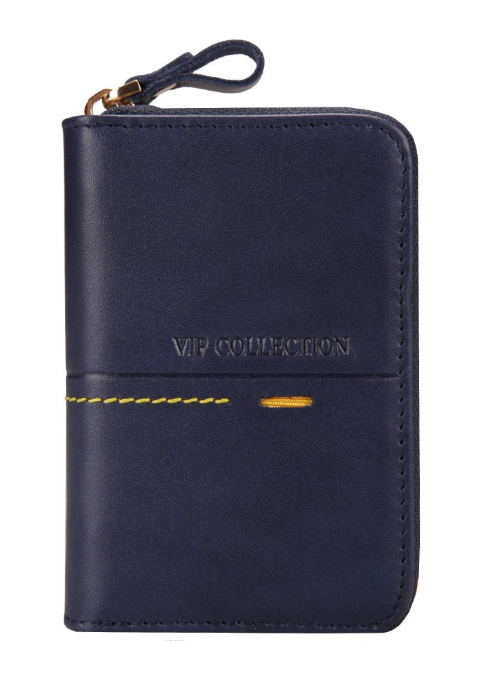 Granatowe etui na karty Vip Collection Beverly Hills 418 zapinane na zamek błyskawiczny, z żółtym przeszyciem