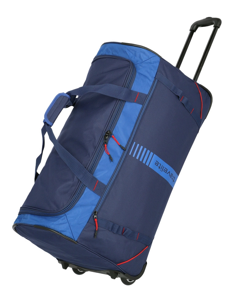 Granatowa torba podróżna Travelite Basics Active na kółkach, z wysuniętym uchwytem teleskopowym i pasami ściągającymi
