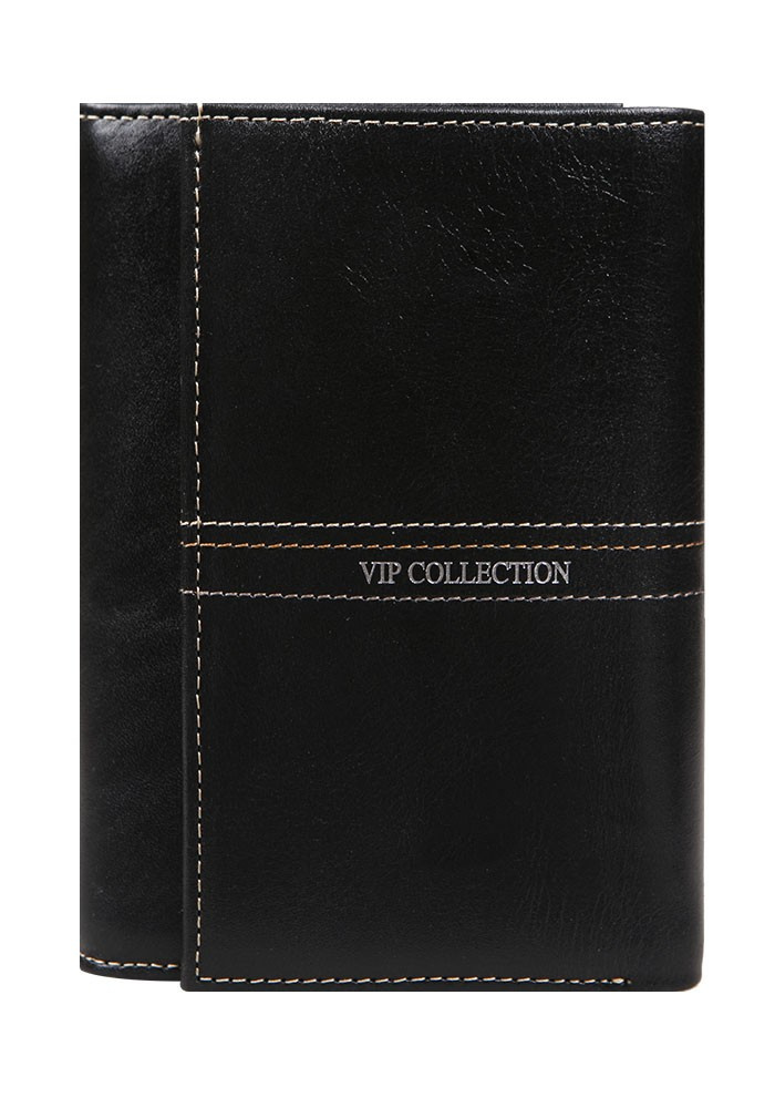 Czarny portfel damski Vip Collection Palermo 29 z klapą, srebrnym logo i jasnym przeszyciem