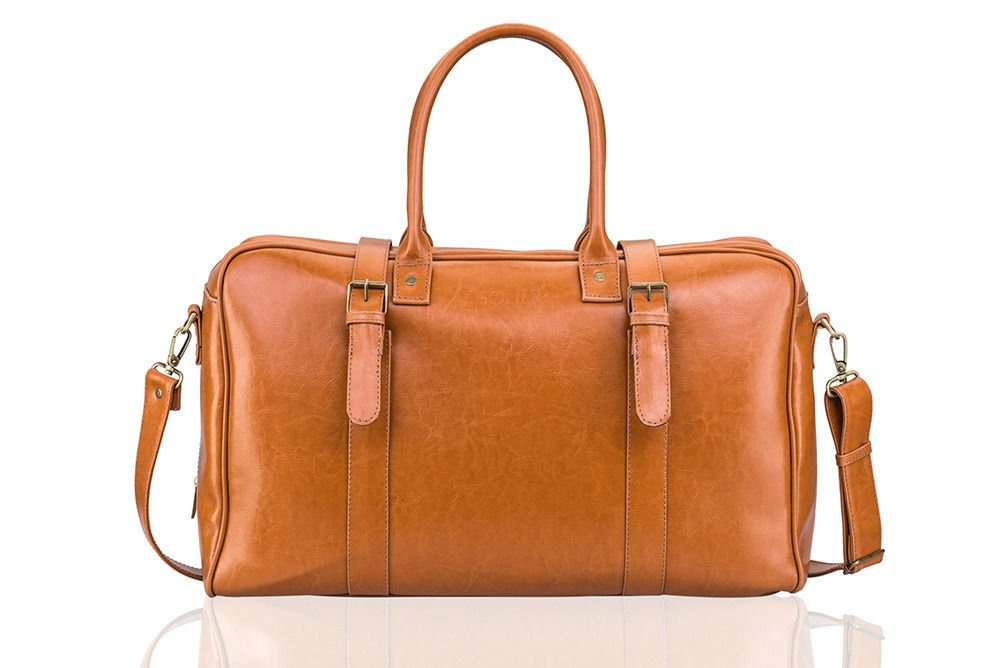 Torba męska Solier SL16 camel z paskami zapinanymi na sprzączki przy uchwytach i paskiem na ramię