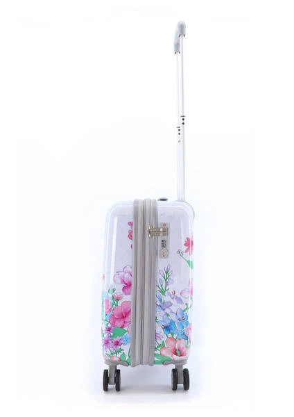 Biała walizka na kółkach Elle Flower 54 z boku, z zamkiem szyfrowym i rączką teleskopową