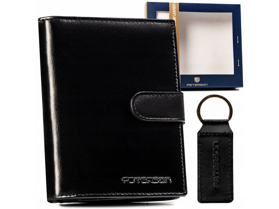 Czarny portfel męski Peterson SET-M-N4L-KCS z zapinką i brelokiem
