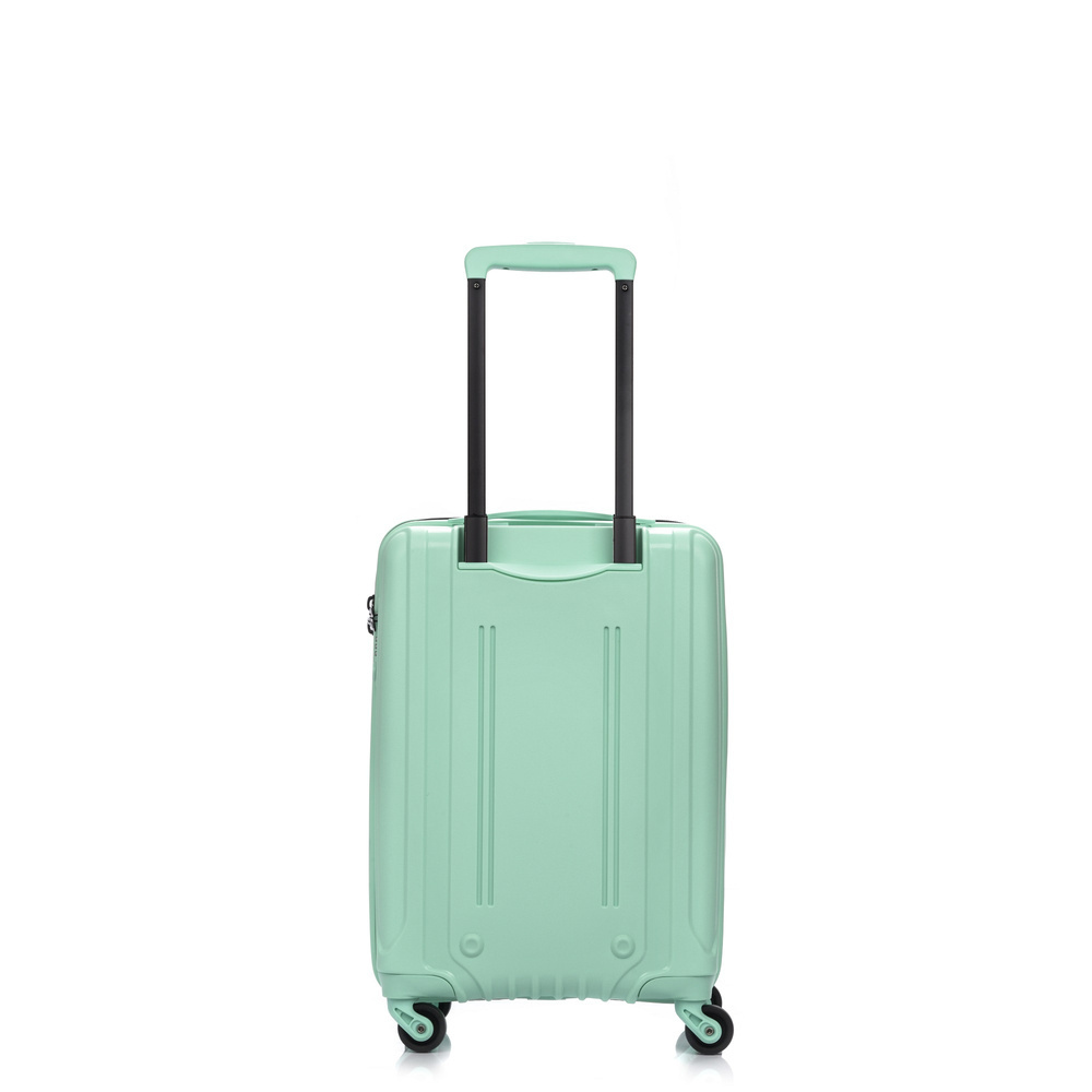Miętowa walizka SwissBags Tourist 55 od tyłu, z wysuniętym uchwytem teleskopowym i czterema kółkami