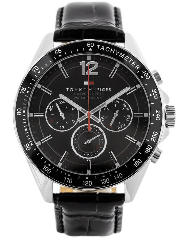 Czarno-srebrny zegarek męski Tommy Hilfiger 1791117 - zegarek z przodu na białym tle, czarna tarcza, skala tachymetru