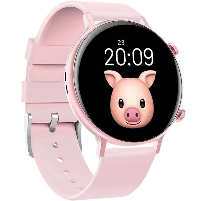 Różowy smartwatch damski Rubicon RNCE98 - pod kątem z drugiej strony, tarcza z rysunkiem