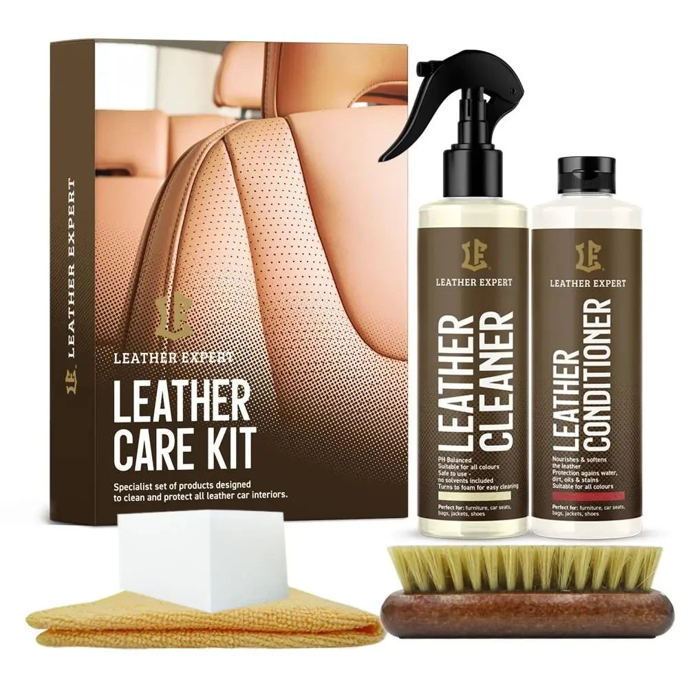 Zestaw do skóry Leather Expert - pudełko Leather Care Kit z całą zawartością: dwie butelki, szczotka, gąbka