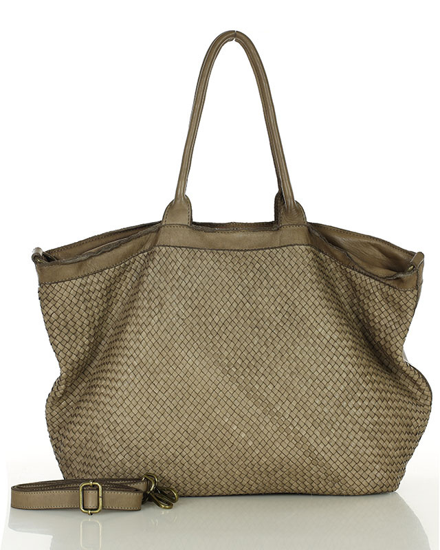 Beżowa shopperka z plecionej skóry naturalnej MARCO MAZZINI v258b - detale i tekstura skóry