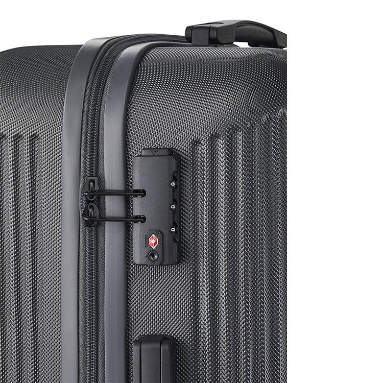 Antracytowy zestaw walizek Travelite Bali, zbliżenie zamka szyfrowego TSA przy suwakach i rączki