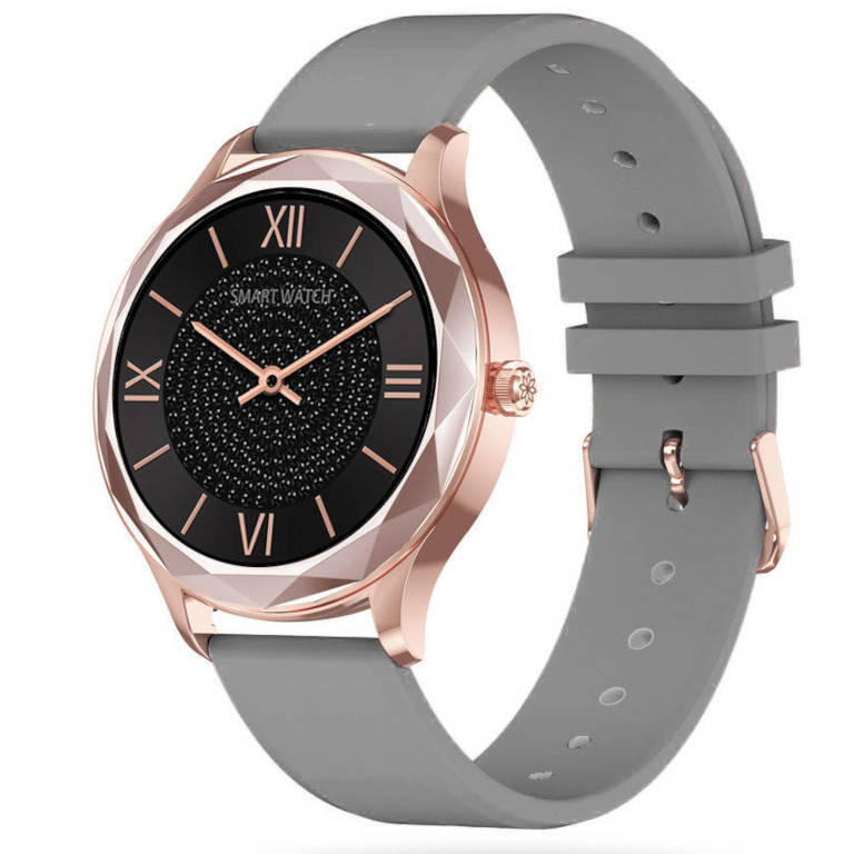 Szary z różowym złotem smartwatch damski Pacific 27-12 - smartwatch z przodu, koperta w kolorze różowego złota i szary pasek