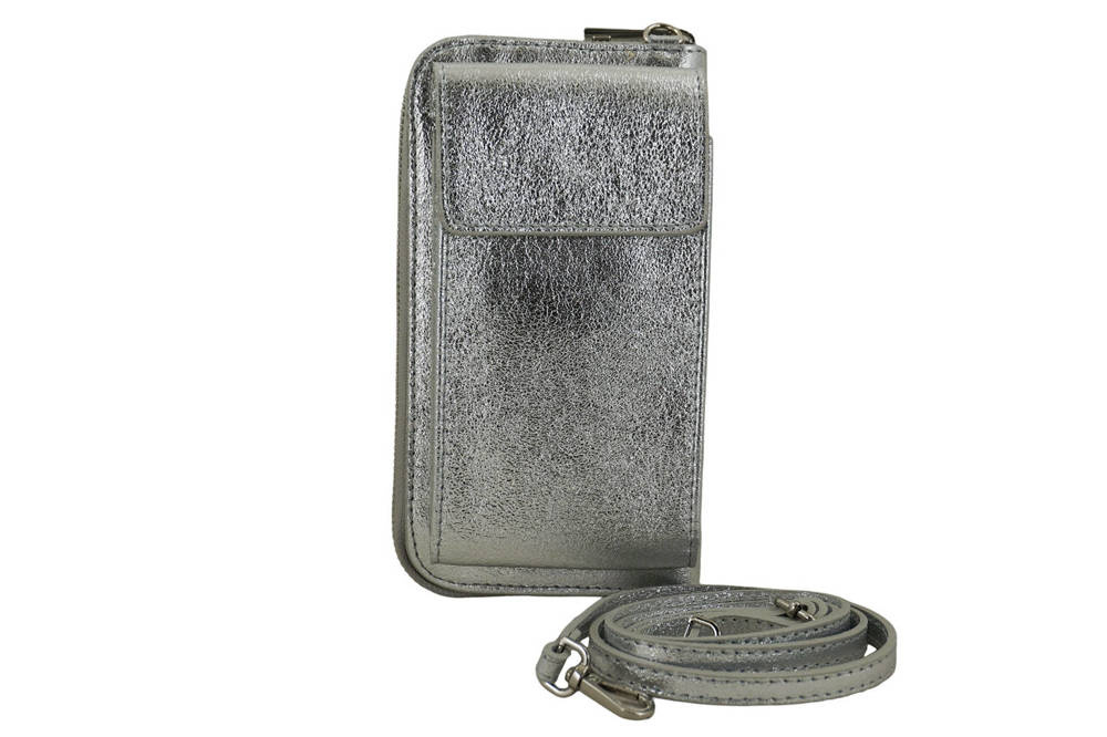 Etui na telefon ze skóry naturalnej damskie Barberini's 908/1-16 mini listonoszka srebrna - eleganckie wykończenie i połysk skóry