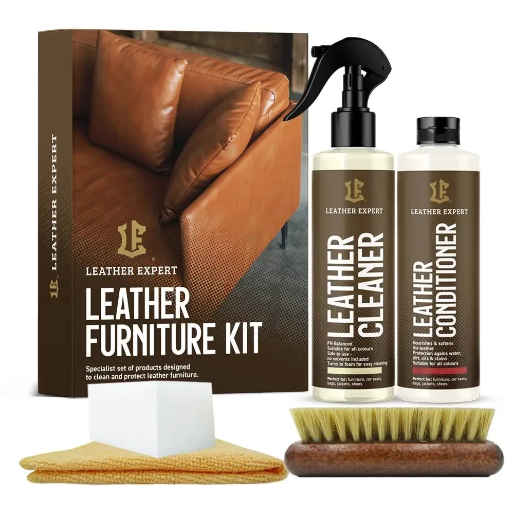 Zestaw do mebli skórzanych Leather Expert - pudełko Leather Furniture Kit z całą zawartością: dwie butelki, szczotka, gąbka