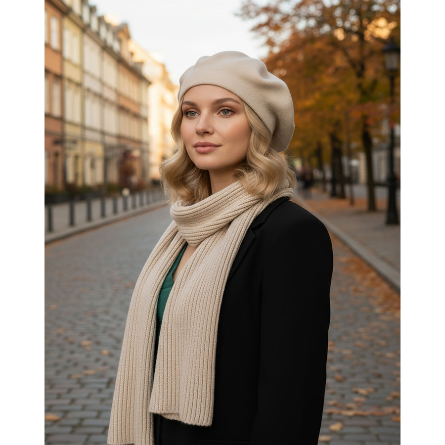 Beżowy beret Rovicky BER-A10 w jesiennej stylizacji