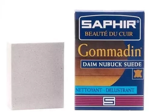 Guma do zamszu i nubuku Saphir - kostka gumy obok kartonika Gommadin