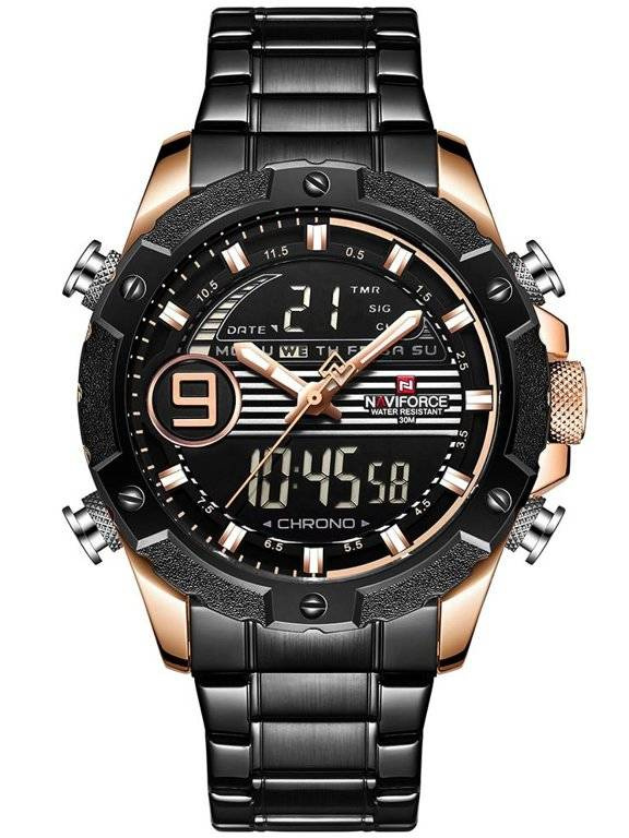 Czarny z różowym złotem zegarek męski Naviforce NF9146S - zegarek z przodu na białym tle