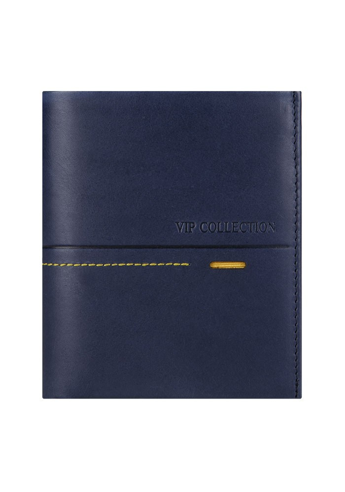 Granatowy portfel Vip Collection Beverly Hills 44A z poziomym żółtym przeszyciem i tłoczonym logo