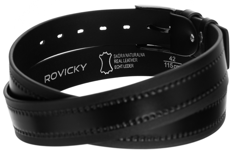 Spód czarnego paska Rovicky PRS-06-G z tłoczonym logo marki