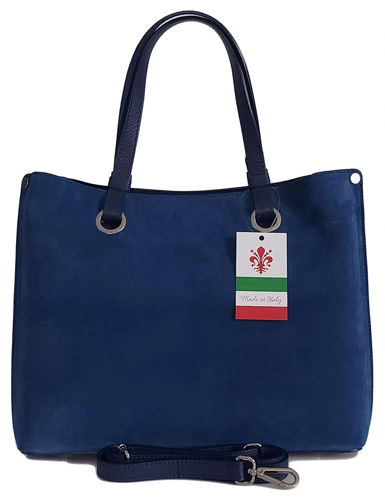 Torebka skórzana zamszowa damska Vera Pelle VOM33BJ shopper bag A4 niebieska - pojemne wnętrze i format A4